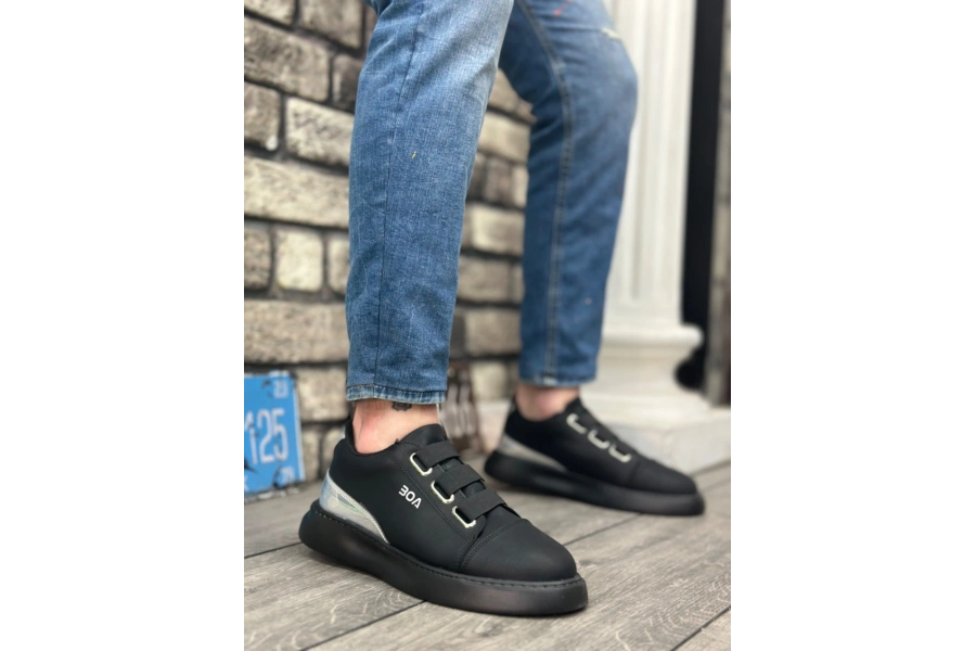 Shoecide Sb0329 3 Bant Siyah Tabanlı Gümüş Detaylı Kalın Taban Casual Erkek Ayakkabı