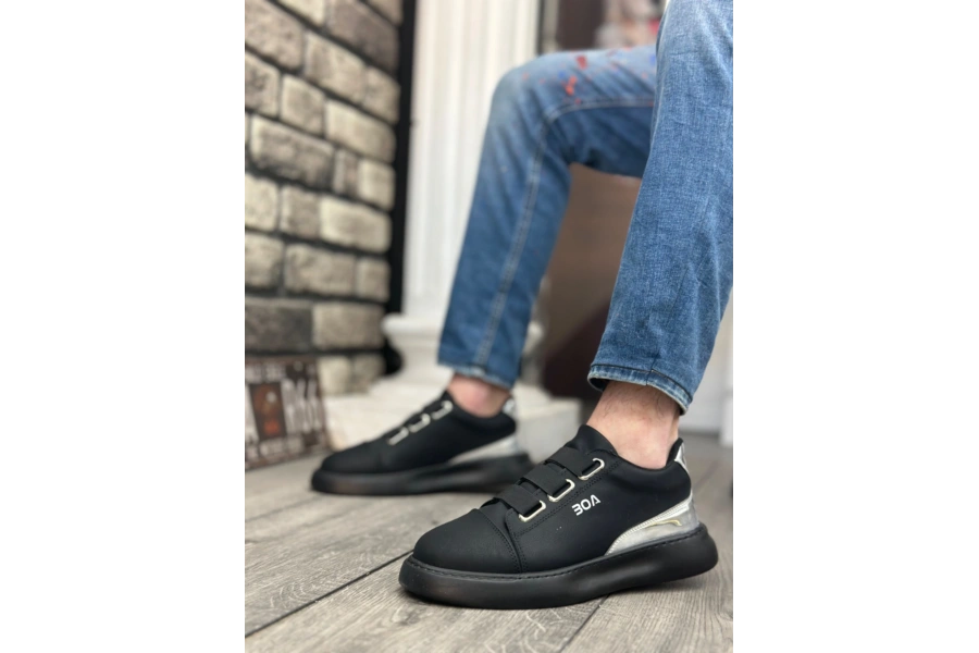 Shoecide Sb0329 3 Bant Siyah Tabanlı Gümüş Detaylı Kalın Taban Casual Erkek Ayakkabı