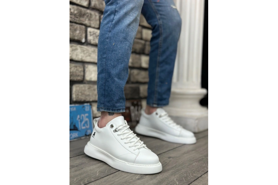 Shoecide Sb0331 Bağcıklı Erkek Yüksek Taban Beyaz Cilt  Spor Ayakkabı