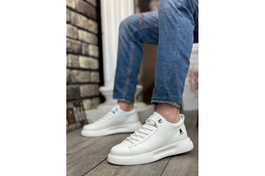 Shoecide Sb0331 Bağcıklı Erkek Yüksek Taban Beyaz Cilt  Spor Ayakkabı