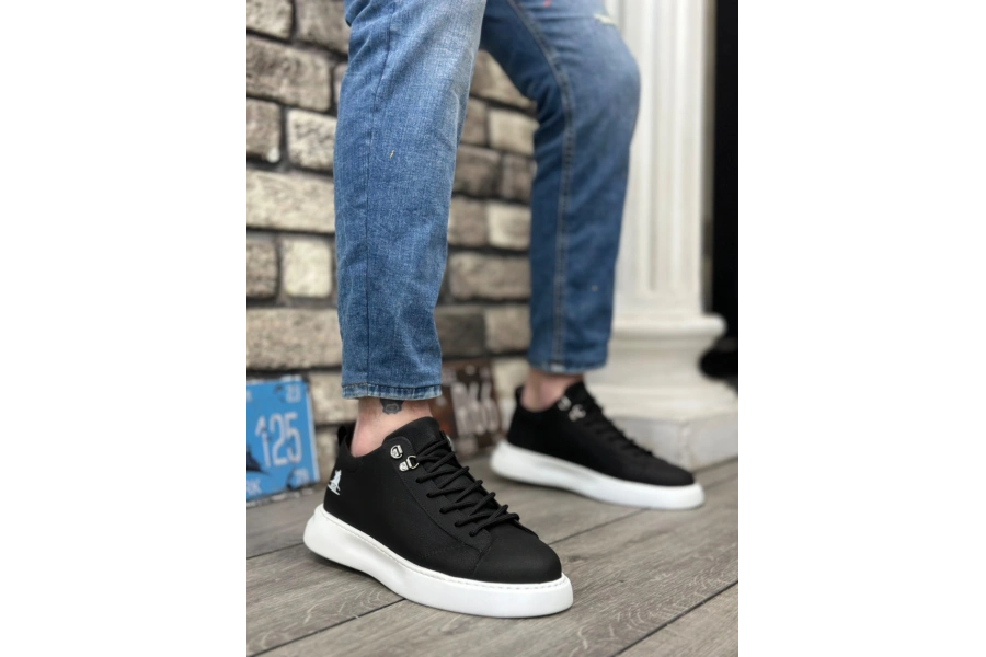 Shoecide Sb0331 Bağcıklı Erkek Yüksek Taban Cilt Siyah Beyaz Taban Spor Ayakkabı