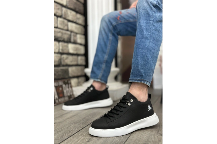 Shoecide Sb0331 Bağcıklı Erkek Yüksek Taban Cilt Siyah Beyaz Taban Spor Ayakkabı