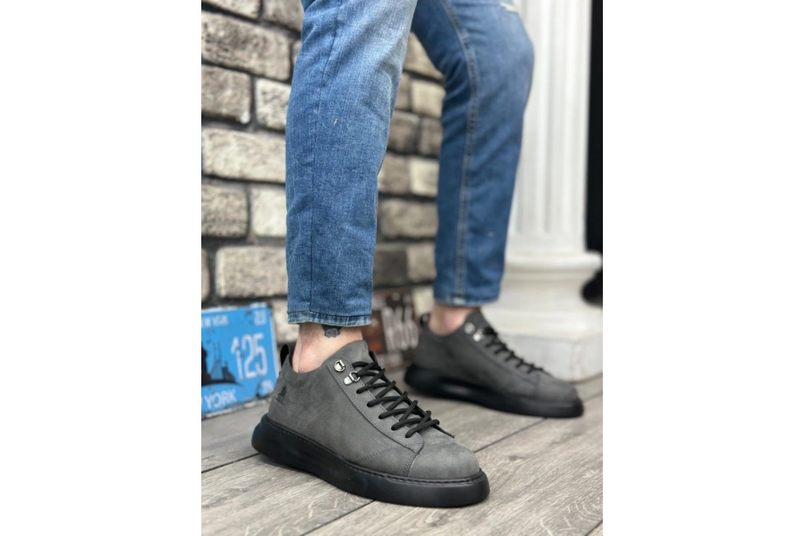 Shoecide Sb0331 Bağcıklı Erkek Yüksek Taban Füme Cilt  Spor Ayakkabı