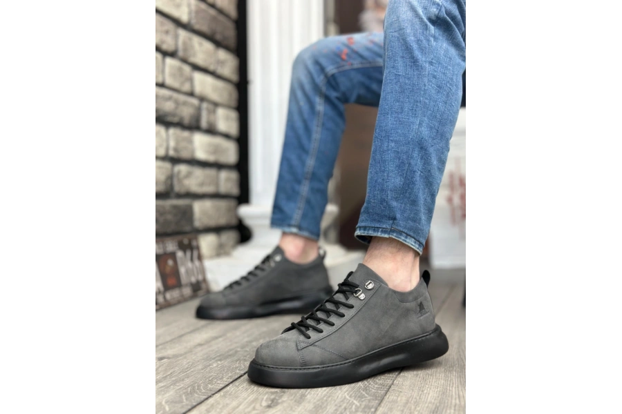 Shoecide Sb0331 Bağcıklı Erkek Yüksek Taban Füme Cilt  Spor Ayakkabı