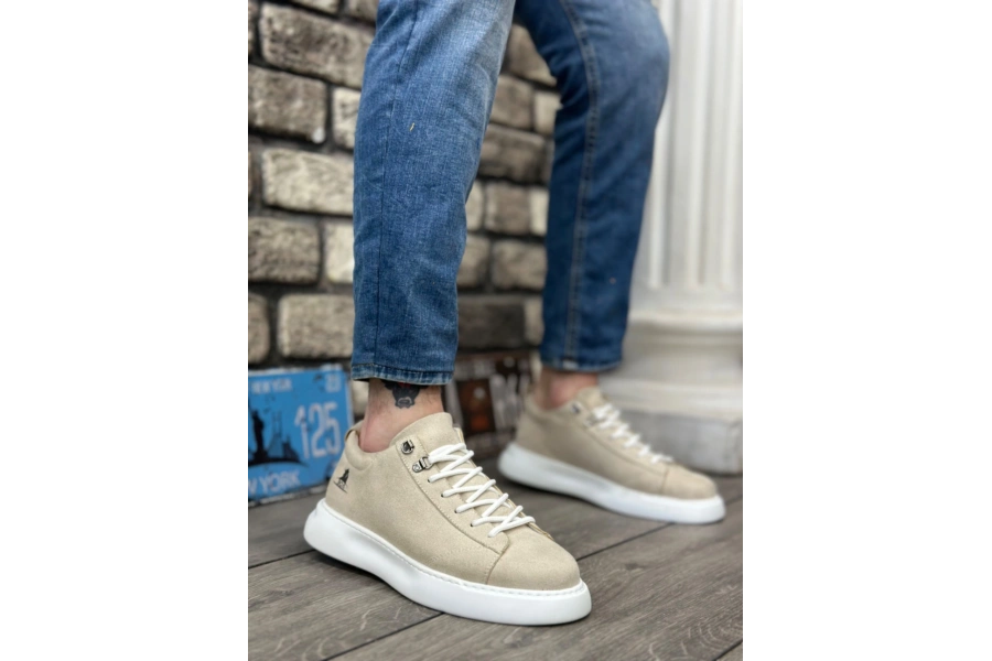 Shoecide Sb0331 Bağcıklı Erkek Yüksek Taban Krem Süet Beyaz Taban Spor Ayakkabı