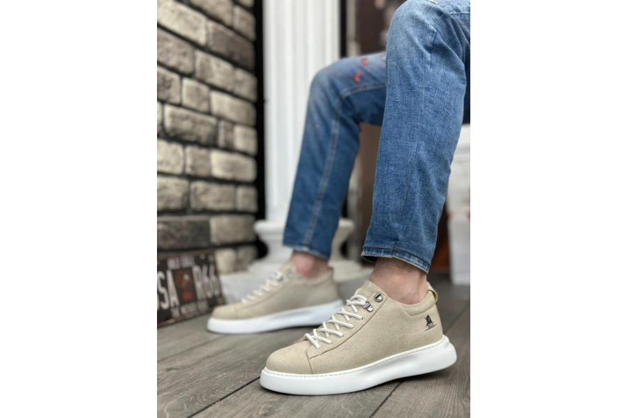 Shoecide Sb0331 Bağcıklı Erkek Yüksek Taban Krem Süet Beyaz Taban Spor Ayakkabı