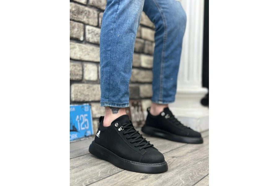 Shoecide Sb0331 Bağcıklı Erkek Yüksek Taban Siyah Cilt  Spor Ayakkabı