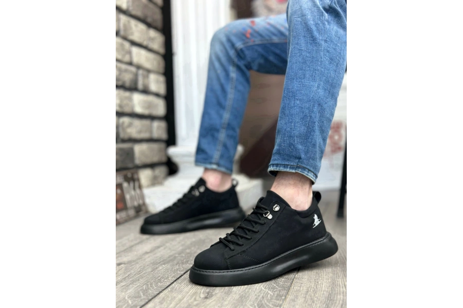Shoecide Sb0331 Bağcıklı Erkek Yüksek Taban Siyah Cilt  Spor Ayakkabı