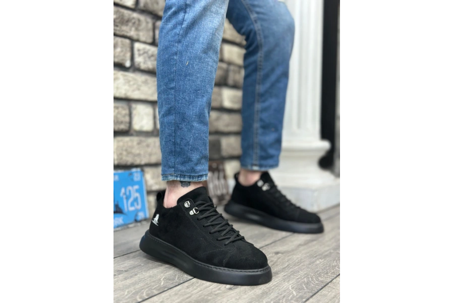 Shoecide Sb0331 Bağcıklı Erkek Yüksek Taban Siyah Süet Siyah Taban Spor Ayakkabı