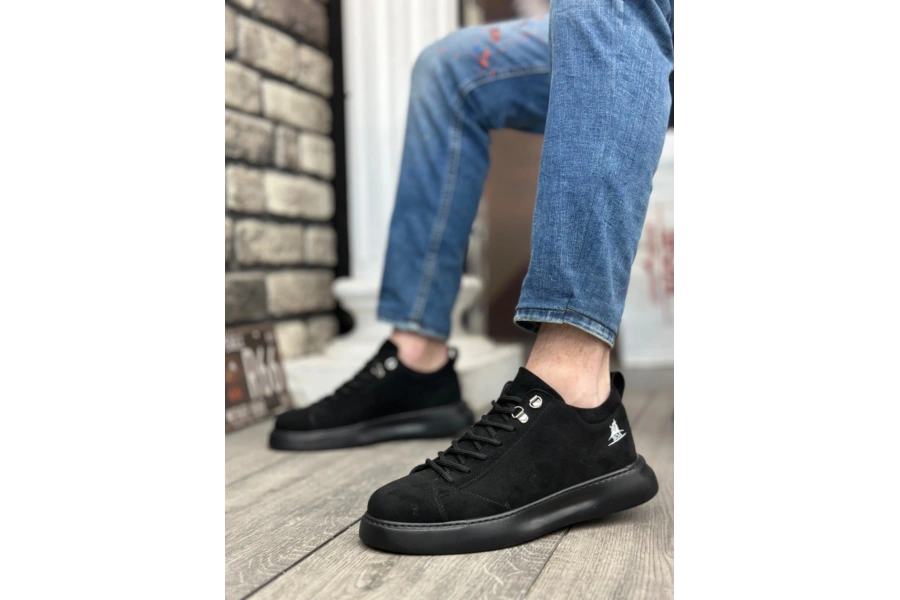Shoecide Sb0331 Bağcıklı Erkek Yüksek Taban Siyah Süet Siyah Taban Spor Ayakkabı