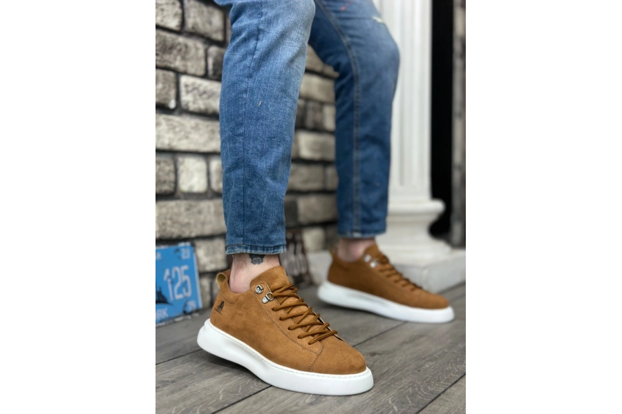 Shoecide Sb0331 Bağcıklı Erkek Yüksek Taban Taba Süet Beyaz Taban Spor Ayakkabı