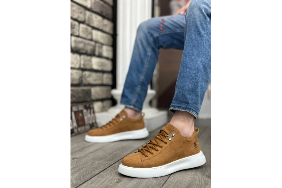 Shoecide Sb0331 Bağcıklı Erkek Yüksek Taban Taba Süet Beyaz Taban Spor Ayakkabı