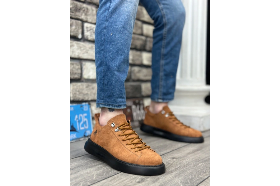 Shoecide Sb0331 Bağcıklı Erkek Yüksek Taban Taba Süet Siyah Taban Spor Ayakkabı