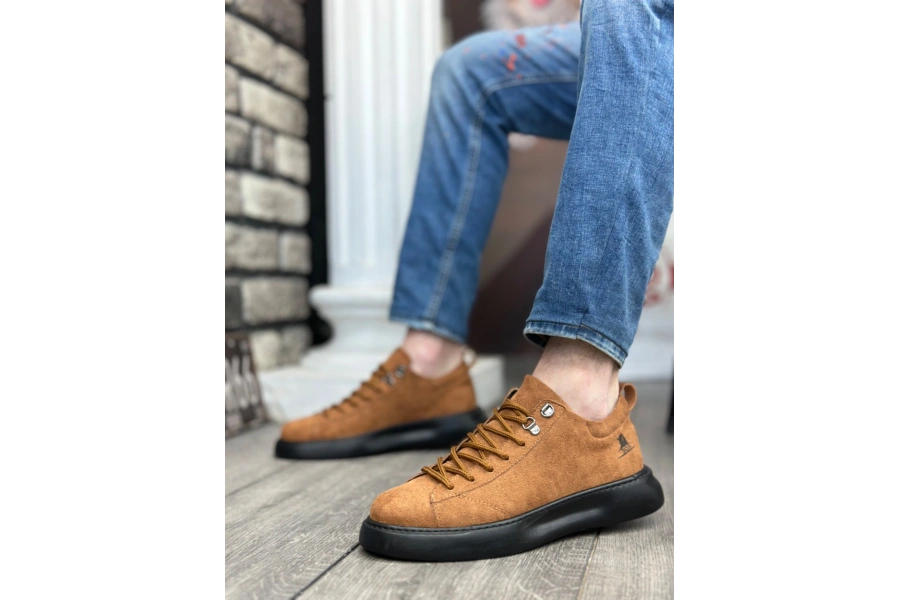 Shoecide Sb0331 Bağcıklı Erkek Yüksek Taban Taba Süet Siyah Taban Spor Ayakkabı