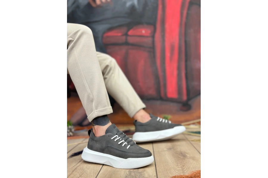 Shoecide Sb0332 Merdiven Desen Bağcıklı Erkek Yüksek Taban Antrasit Cilt Spor Ayakkabı