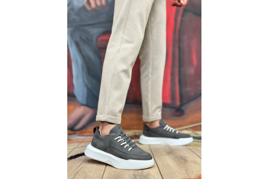 Shoecide Sb0332 Merdiven Desen Bağcıklı Erkek Yüksek Taban Antrasit Cilt Spor Ayakkabı