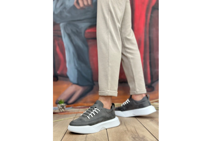 Shoecide Sb0332 Merdiven Desen Bağcıklı Erkek Yüksek Taban Antrasit Cilt Spor Ayakkabı