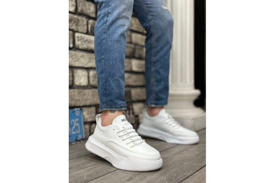 Shoecide Sb0332 Merdiven Desen Bağcıklı Erkek Yüksek Taban Beyaz Cilt Spor Ayakkabı