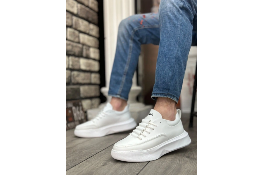 Shoecide Sb0332 Merdiven Desen Bağcıklı Erkek Yüksek Taban Beyaz Cilt Spor Ayakkabı
