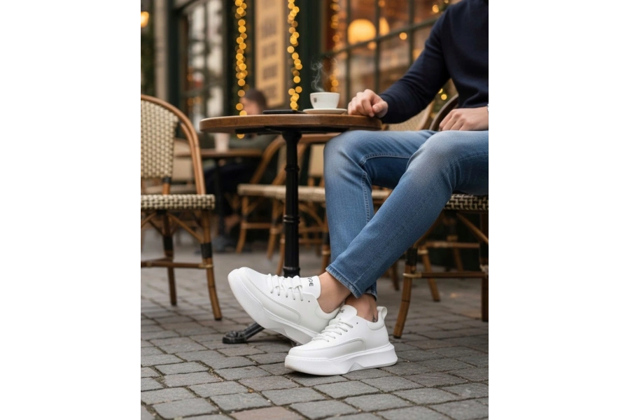 Shoecide Sb0332 Merdiven Desen Bağcıklı Erkek Yüksek Taban Beyaz Cilt Spor Ayakkabı