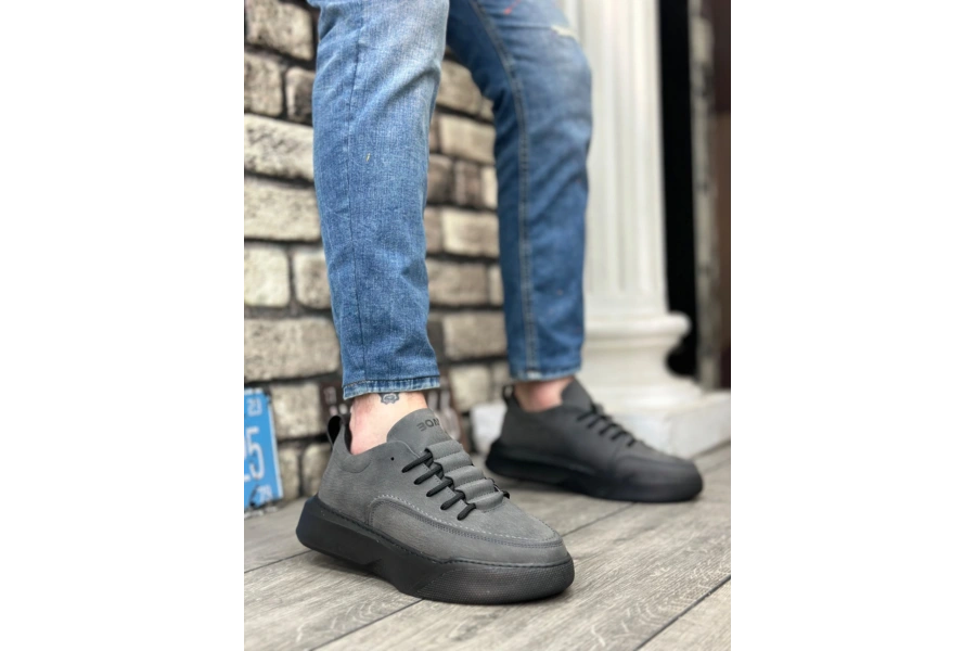 Shoecide Sb0332 Merdiven Desen Bağcıklı Erkek Yüksek Taban Füme Cilt Spor Ayakkabı