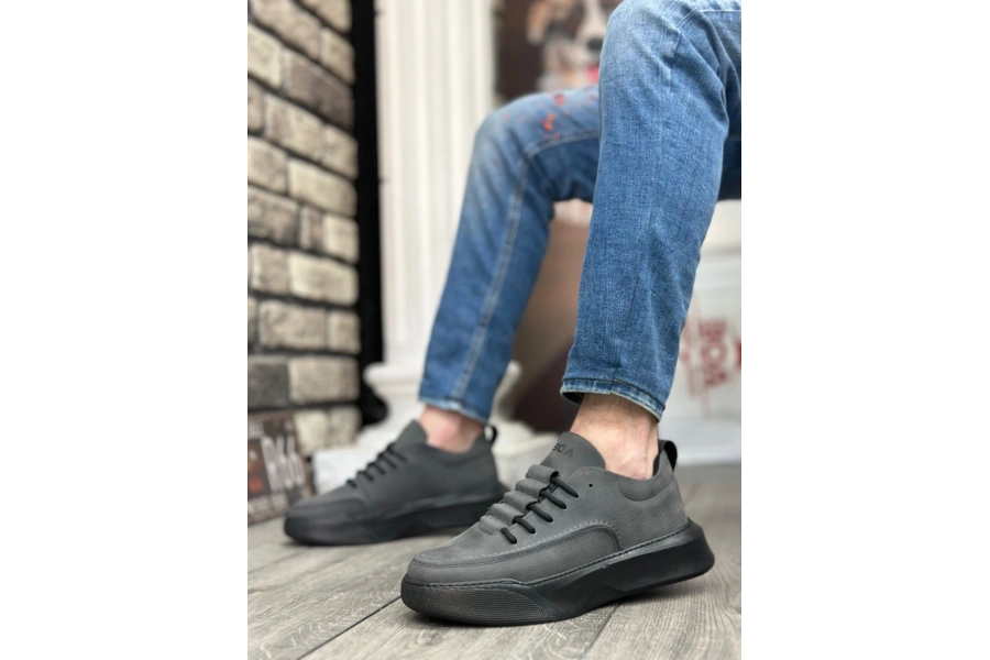 Shoecide Sb0332 Merdiven Desen Bağcıklı Erkek Yüksek Taban Füme Cilt Spor Ayakkabı