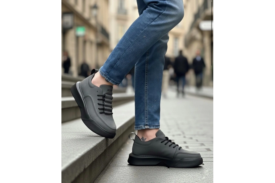 Shoecide Sb0332 Merdiven Desen Bağcıklı Erkek Yüksek Taban Füme Cilt Spor Ayakkabı