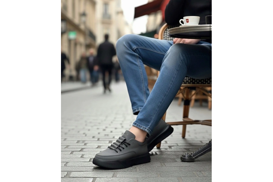 Shoecide Sb0332 Merdiven Desen Bağcıklı Erkek Yüksek Taban Füme Cilt Spor Ayakkabı