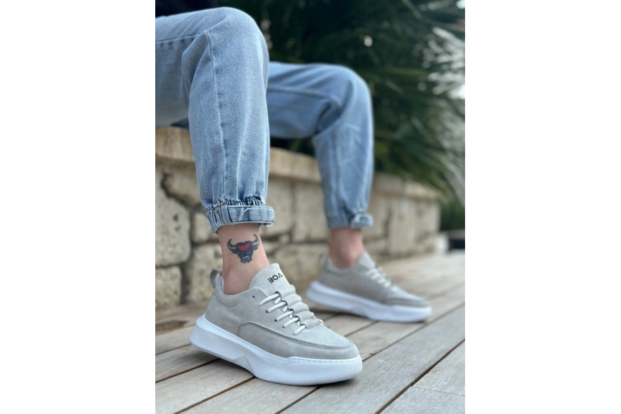 Shoecide Sb0332 Merdiven Desen Bağcıklı Erkek Yüksek Taban Gri Süet Beyaz Taban Spor Ayakkabı