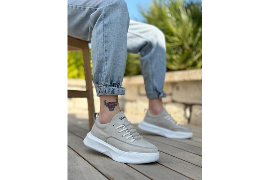 Shoecide Sb0332 Merdiven Desen Bağcıklı Erkek Yüksek Taban Gri Süet Beyaz Taban Spor Ayakkabı