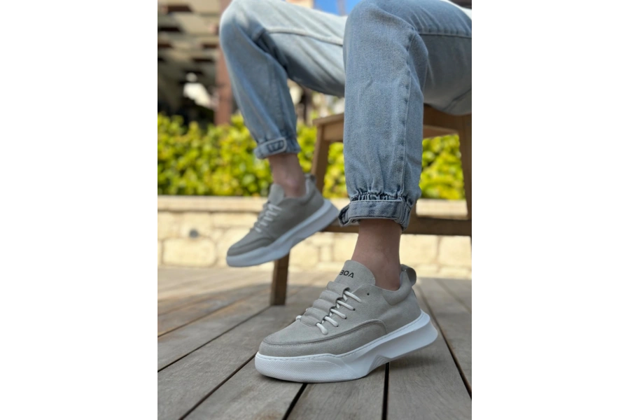 Shoecide Sb0332 Merdiven Desen Bağcıklı Erkek Yüksek Taban Gri Süet Beyaz Taban Spor Ayakkabı