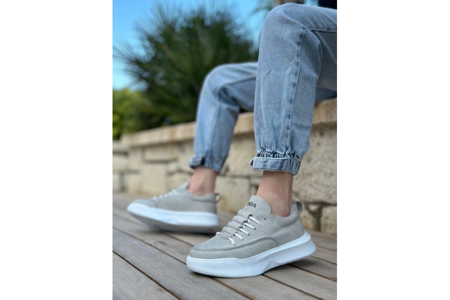 Shoecide Sb0332 Merdiven Desen Bağcıklı Erkek Yüksek Taban Gri Süet Beyaz Taban Spor Ayakkabı