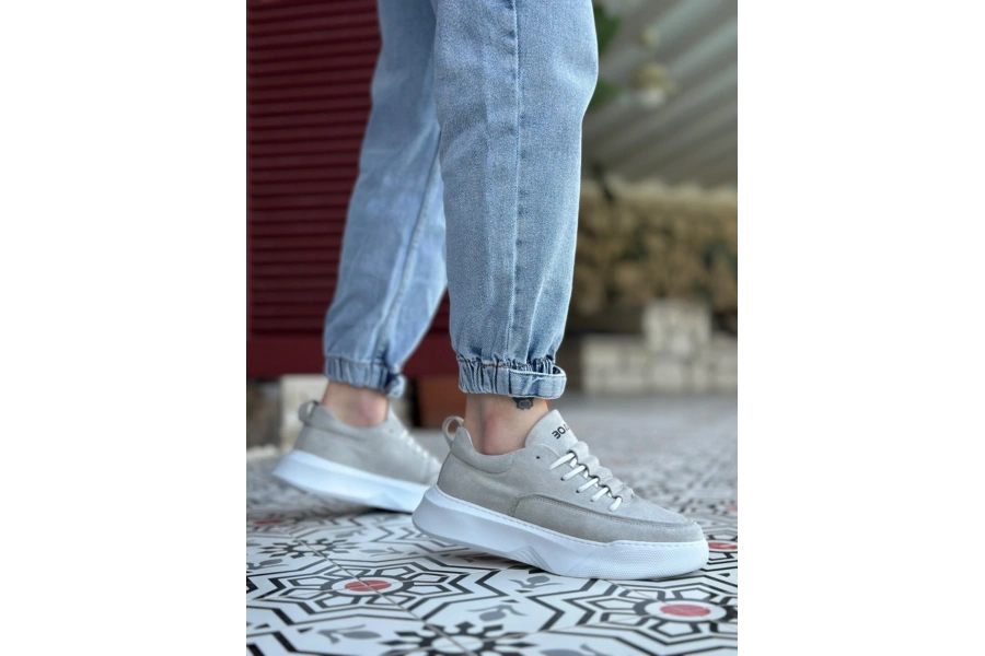 Shoecide Sb0332 Merdiven Desen Bağcıklı Erkek Yüksek Taban Gri Süet Beyaz Taban Spor Ayakkabı