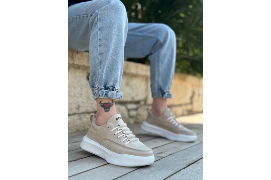 Shoecide Sb0332 Merdiven Desen Bağcıklı Erkek Yüksek Taban Krem Süet Spor Ayakkabı