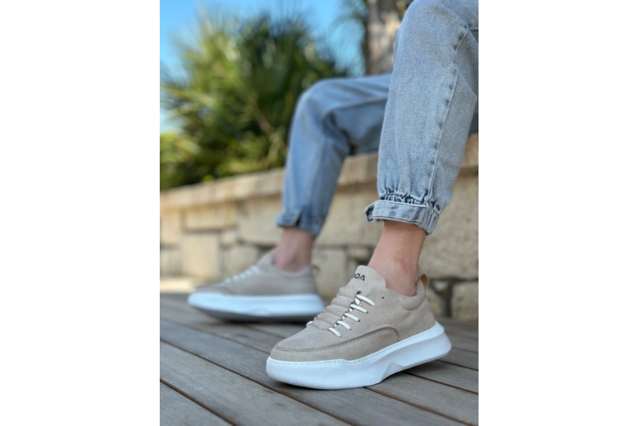 Shoecide Sb0332 Merdiven Desen Bağcıklı Erkek Yüksek Taban Krem Süet Spor Ayakkabı