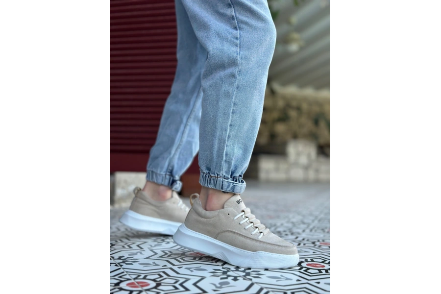 Shoecide Sb0332 Merdiven Desen Bağcıklı Erkek Yüksek Taban Krem Süet Spor Ayakkabı