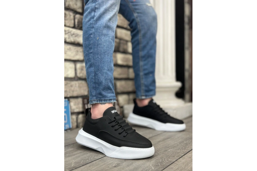 Shoecide Sb0332 Merdiven Desen Bağcıklı Erkek Yüksek Taban Siyah Cilt Beyaz Taban Spor Ayakkabı