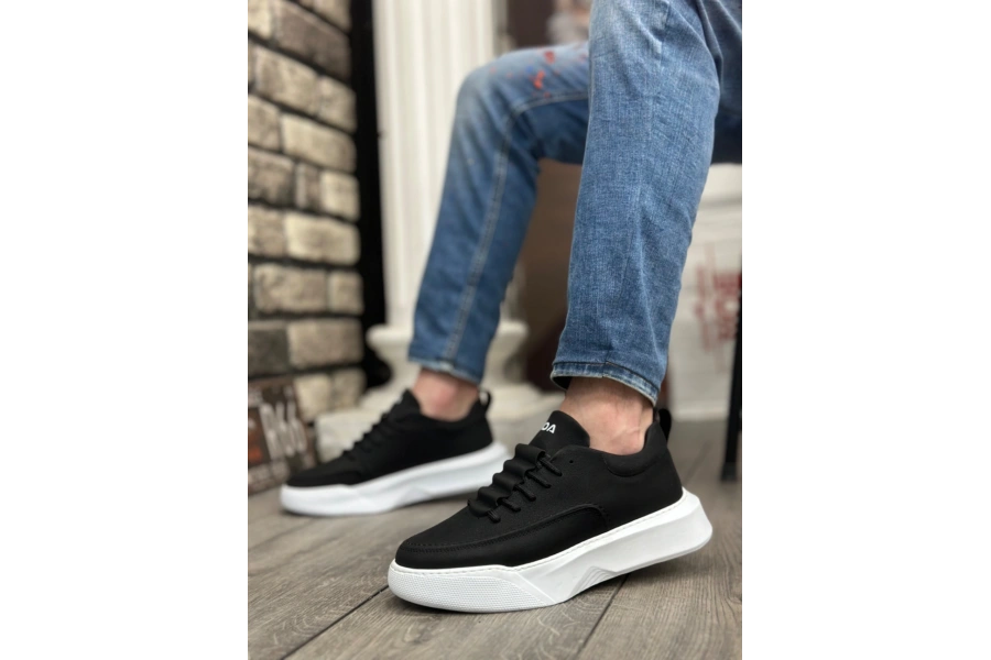 Shoecide Sb0332 Merdiven Desen Bağcıklı Erkek Yüksek Taban Siyah Cilt Beyaz Taban Spor Ayakkabı
