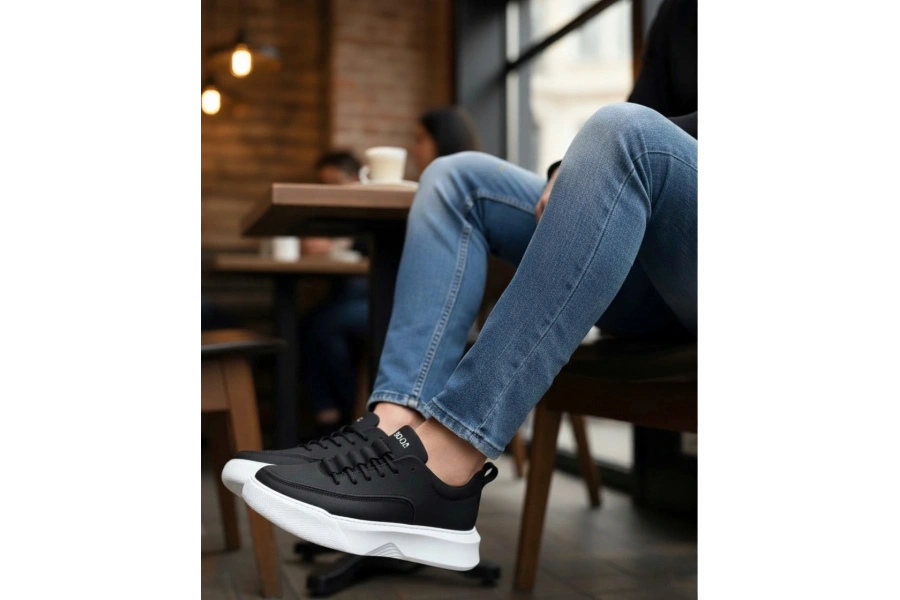 Shoecide Sb0332 Merdiven Desen Bağcıklı Erkek Yüksek Taban Siyah Cilt Beyaz Taban Spor Ayakkabı