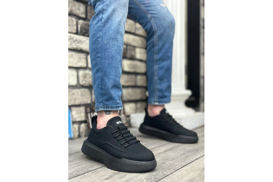 Shoecide Sb0332 Merdiven Desen Bağcıklı Erkek Yüksek Taban Siyah Cilt Siyah Taban Spor Ayakkabı