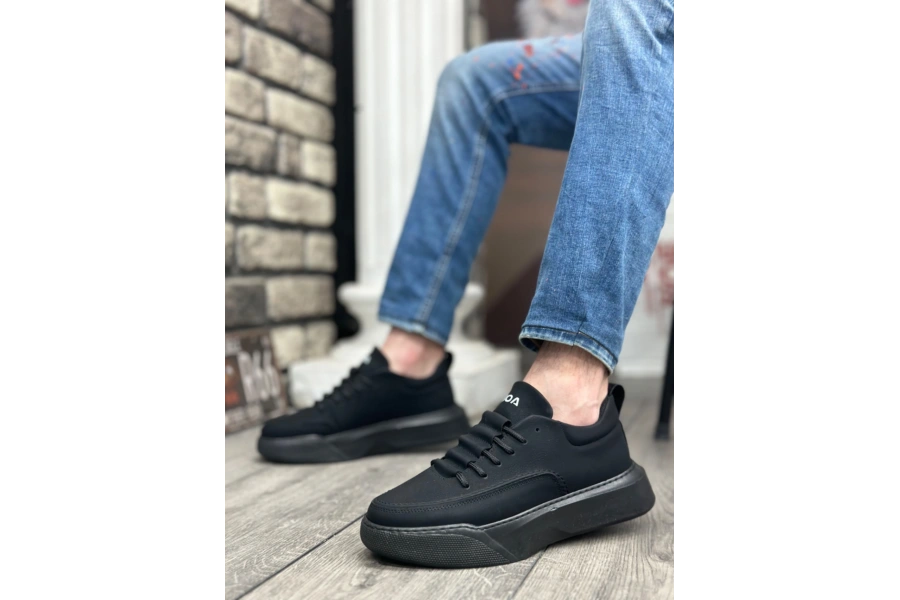 Shoecide Sb0332 Merdiven Desen Bağcıklı Erkek Yüksek Taban Siyah Cilt Siyah Taban Spor Ayakkabı