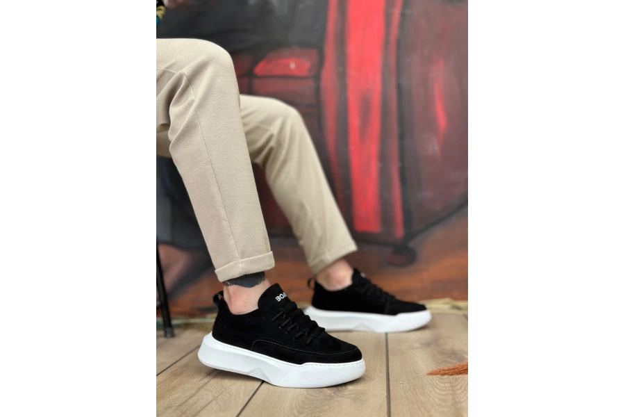 Shoecide Sb0332 Merdiven Desen Bağcıklı Erkek Yüksek Taban Siyah Süet Beyaz Taban Spor Ayakkabı