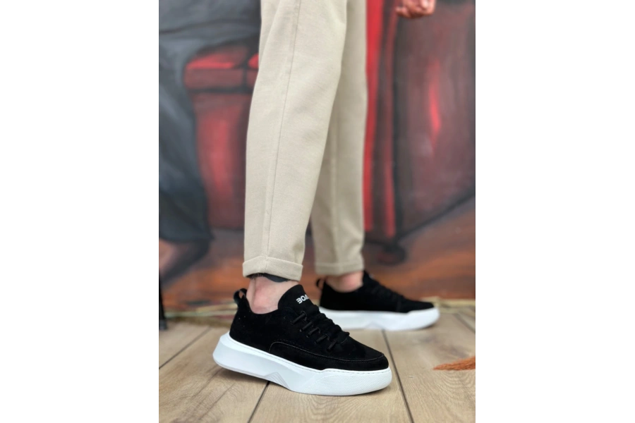 Shoecide Sb0332 Merdiven Desen Bağcıklı Erkek Yüksek Taban Siyah Süet Beyaz Taban Spor Ayakkabı