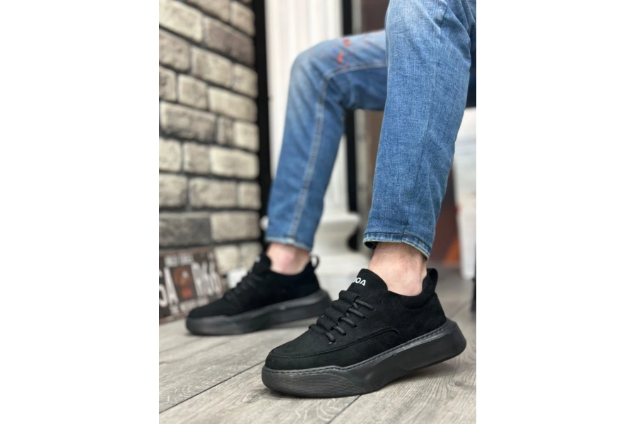 Shoecide Sb0332 Merdiven Desen Bağcıklı Erkek Yüksek Taban Siyah Süet Siyah Taban Spor Ayakkabı