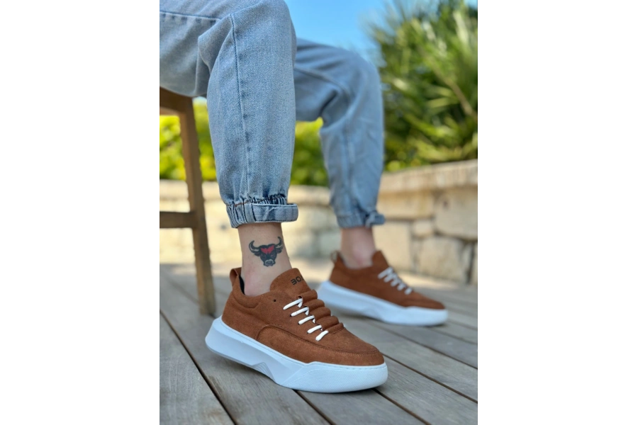 Shoecide Sb0332 Merdiven Desen Bağcıklı Erkek Yüksek Taban Taba Süet Beyaz Taban Spor Ayakkabı