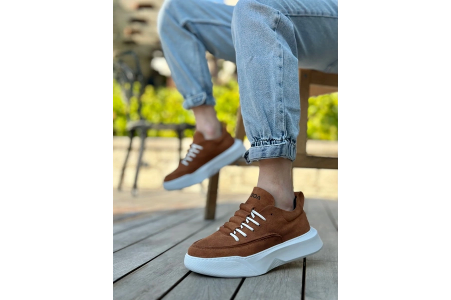 Shoecide Sb0332 Merdiven Desen Bağcıklı Erkek Yüksek Taban Taba Süet Beyaz Taban Spor Ayakkabı