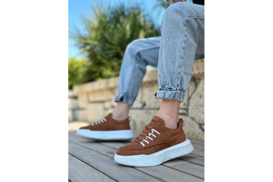 Shoecide Sb0332 Merdiven Desen Bağcıklı Erkek Yüksek Taban Taba Süet Beyaz Taban Spor Ayakkabı