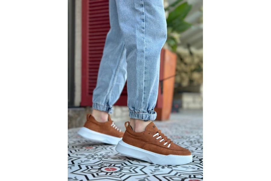 Shoecide Sb0332 Merdiven Desen Bağcıklı Erkek Yüksek Taban Taba Süet Beyaz Taban Spor Ayakkabı