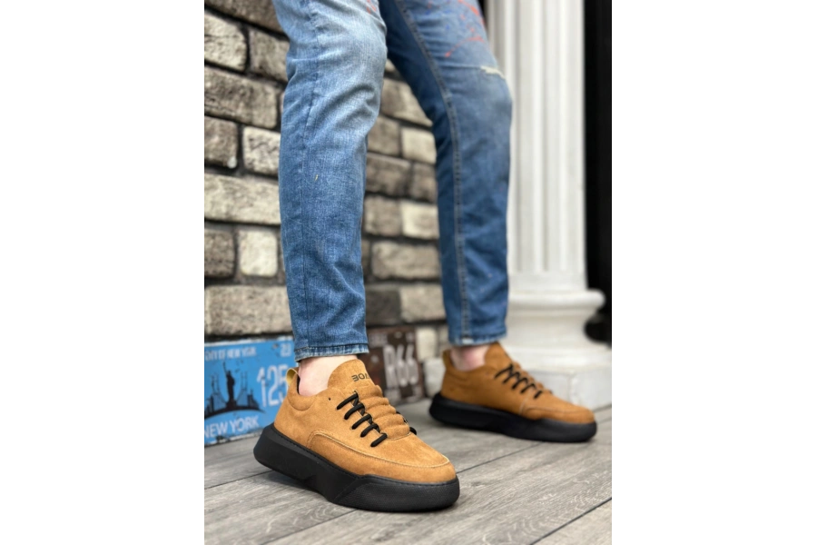 Shoecide Sb0332 Merdiven Desen Bağcıklı Erkek Yüksek Taban Taba Süet Siyah Taban Spor Ayakkabı