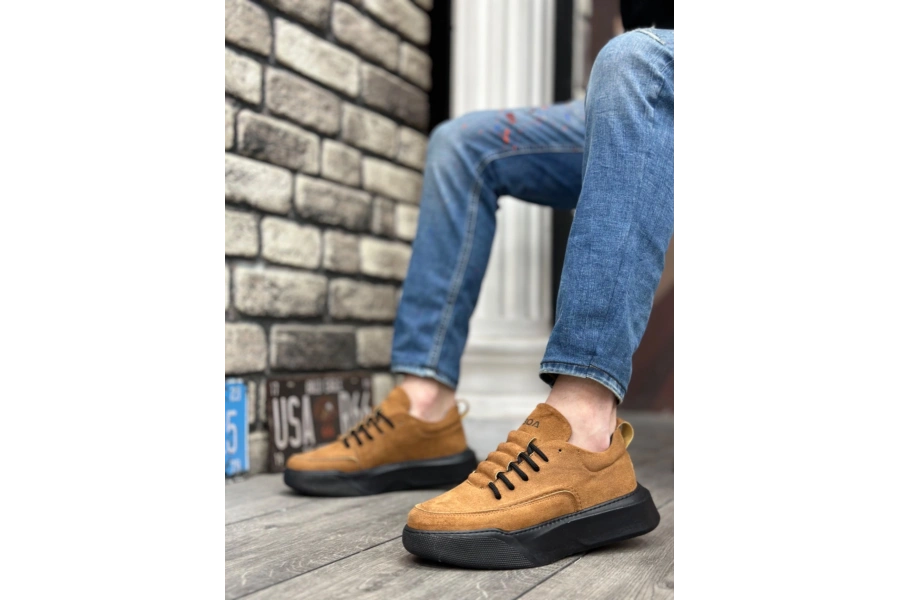 Shoecide Sb0332 Merdiven Desen Bağcıklı Erkek Yüksek Taban Taba Süet Siyah Taban Spor Ayakkabı